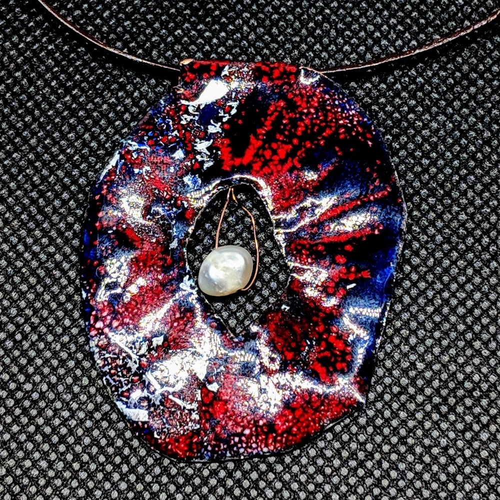 Handmade Vitreous Enamel Pendant with Pearl